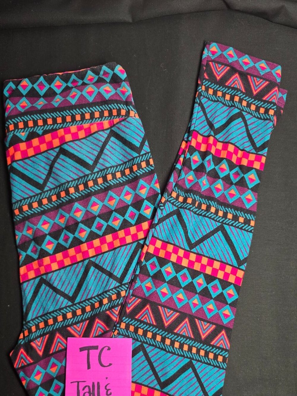 LueLaRoe Leggings, Tall and Curvy  Fuchsia, orange, and teal geometric pattern.